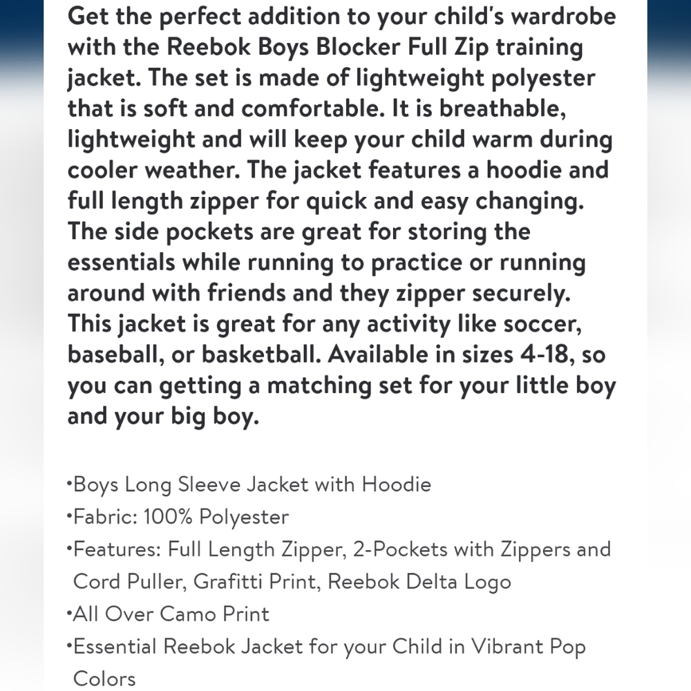 🆕️ Boys Reebok Full Zip Hooded Jacket - Picture 3 of 3